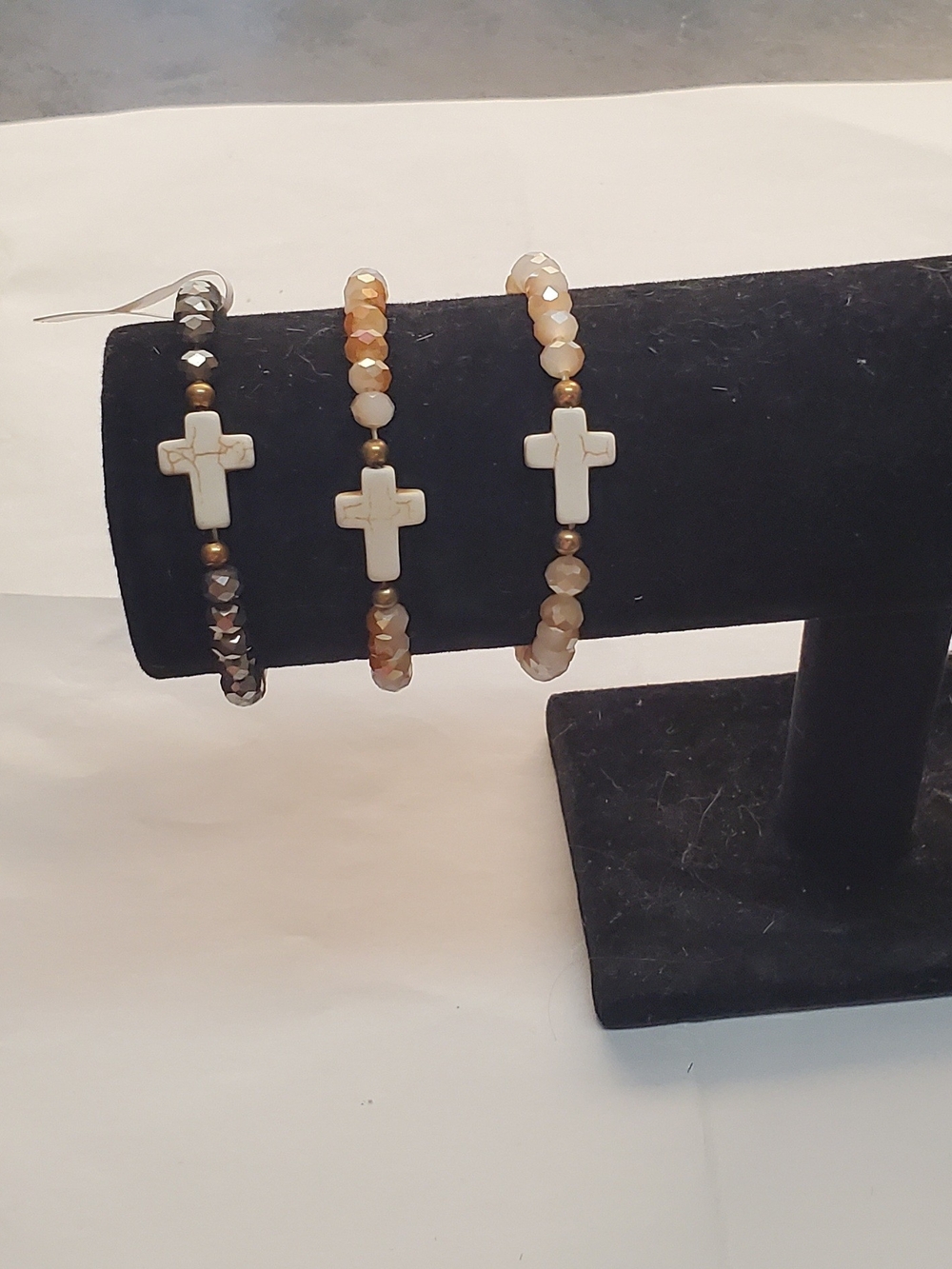 Source Unknown Neutral Faceted Bead Bracelets with White Cross Charm 3 Pc.